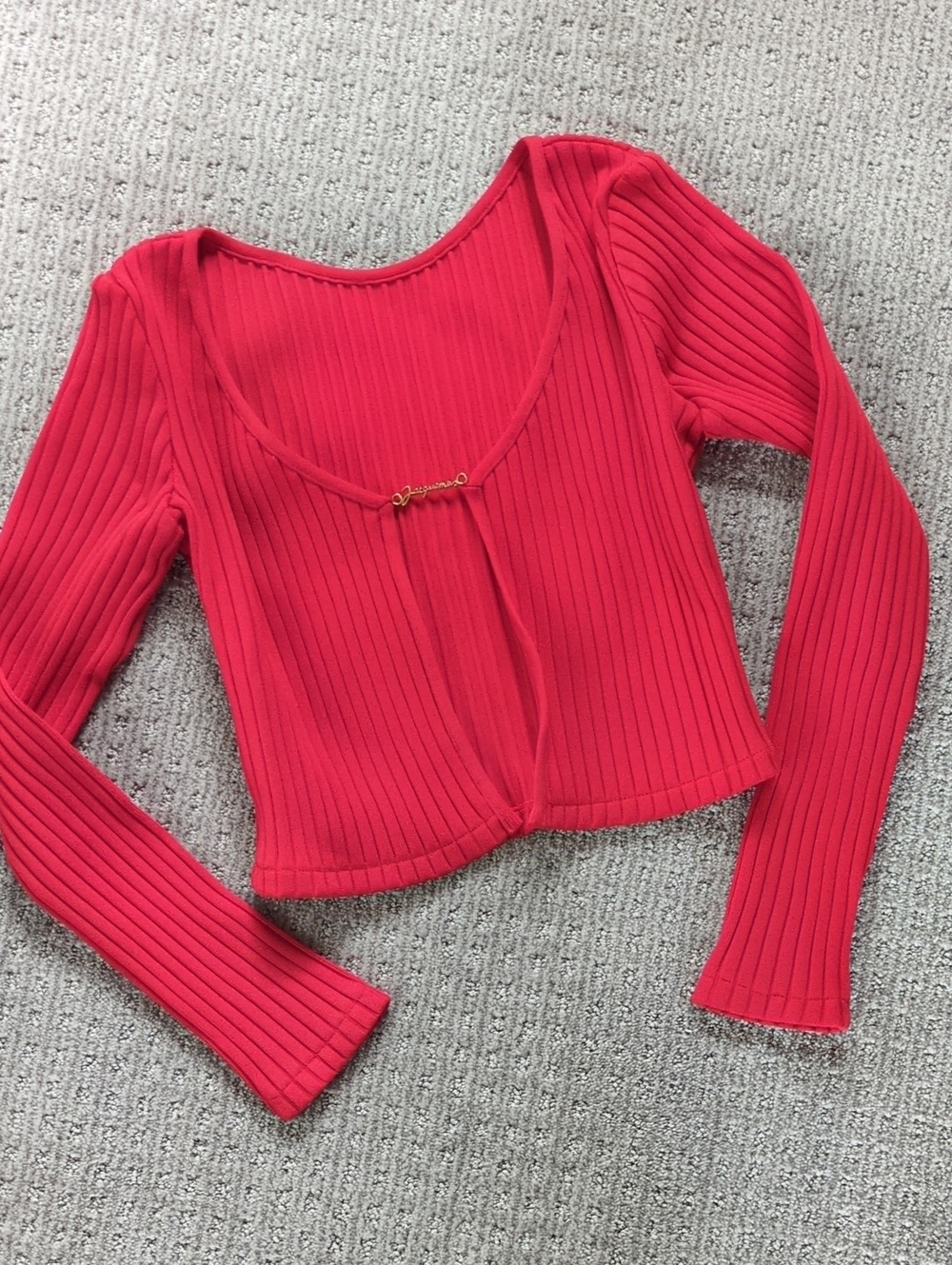 Cherry Red Ribbed Cropped Cardigan w/Gold Hardware, Size S